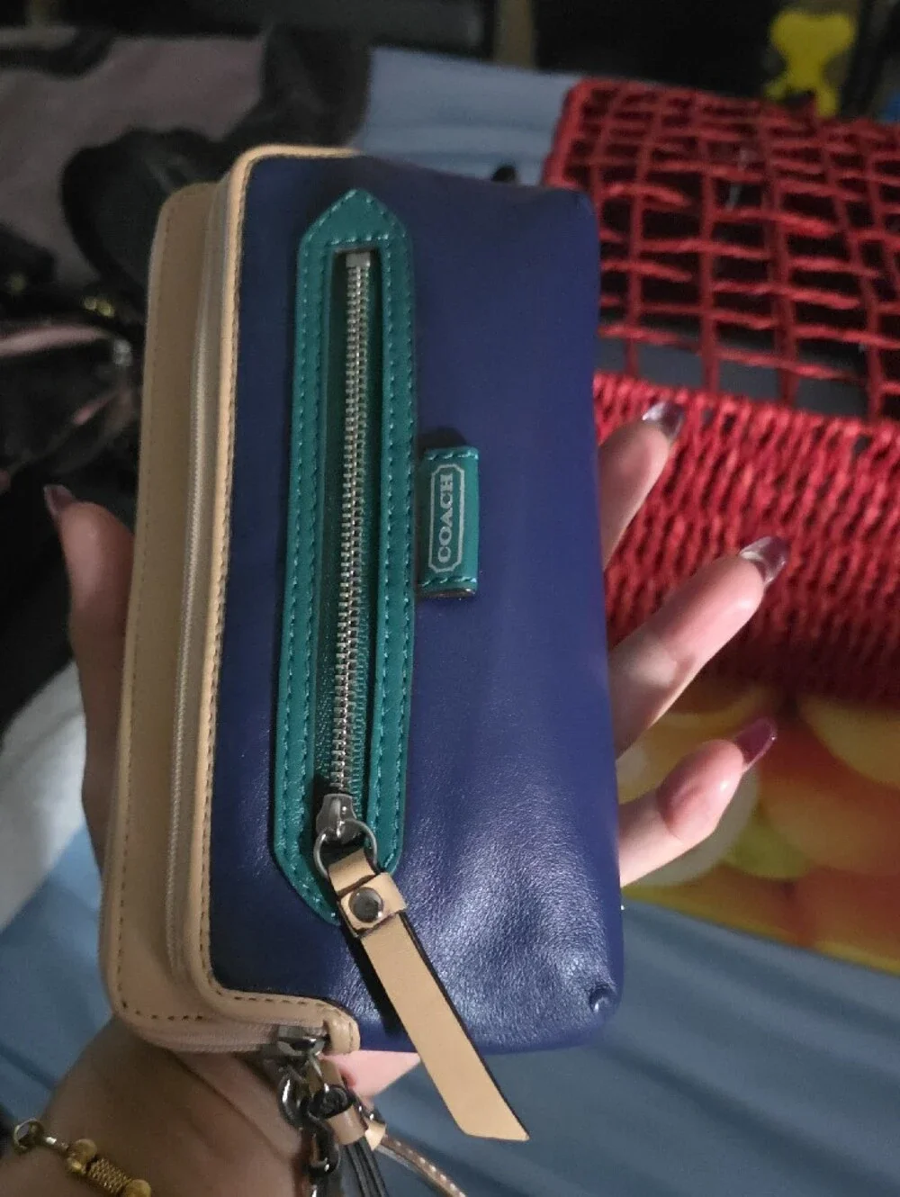 Coach Navy and Beige Leather Wristlet with Green Trim